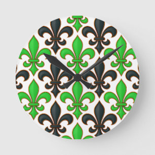 Reloj Redondo Mediano Diseño de patrón barroco de flor de lis negro verd