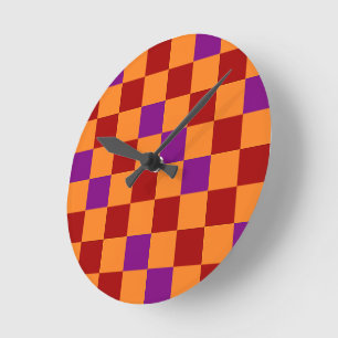 Reloj Redondo Mediano Diseño de Patrón Cuadriculado Rojo Naranja Purpura