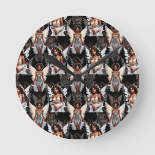 Reloj Redondo Mediano Diseño de patrón de ángeles de hermosa niña negra