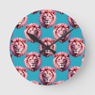 Reloj Redondo Mediano Diseño de patrón de animal cabeza de león rosa azu