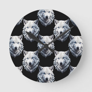 Reloj Redondo Mediano Diseño de patrón de cabeza de lobo blanco