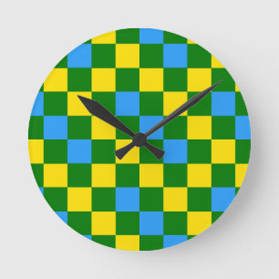 Reloj Redondo Mediano Diseño de Patrón de Cuadros Azules Amarillos y Ver