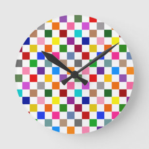 Reloj Redondo Mediano Diseño de Patrón de Cuadros Colorido Blanco 