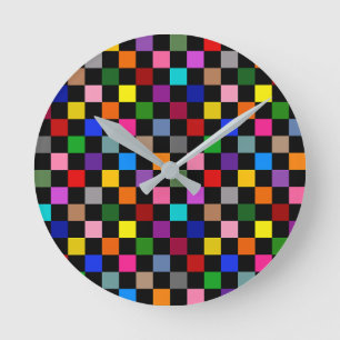 Reloj Redondo Mediano Diseño de Patrón de Cuadros Colorido Negro