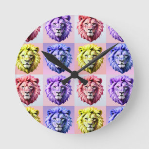 Reloj Redondo Mediano Diseño de patrón de cuadros con cabeza de león en 