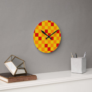 Reloj Redondo Mediano Diseño de Patrón de Cuadros Rojo Naranja Amarillo
