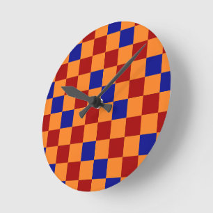 Reloj Redondo Mediano Diseño de Patrón de Cuadros Rojo Naranja Azul