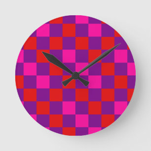 Reloj Redondo Mediano Diseño de Patrón de Cuadros Rojo Purpura Rosa