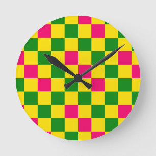 Reloj Redondo Mediano Diseño de Patrón de Cuadros Rosado Amarillo Verde