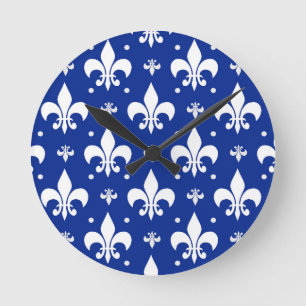Reloj Redondo Mediano Diseño de patrón de flor de lis de fondo azul