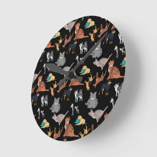 Reloj Redondo Mediano Diseño de patrón de gatos y perros sobre negro