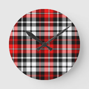 Reloj Redondo Mediano Diseño de patrón de tartán a cuadros rojos negros