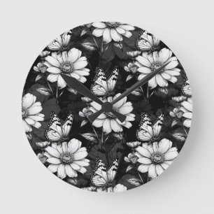 Reloj Redondo Mediano Diseño de patrones de flor de mariposa - Negro