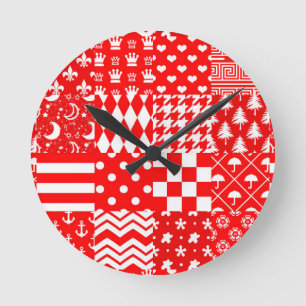 Reloj Redondo Mediano Diseño de patrones mixtos blancos rojos