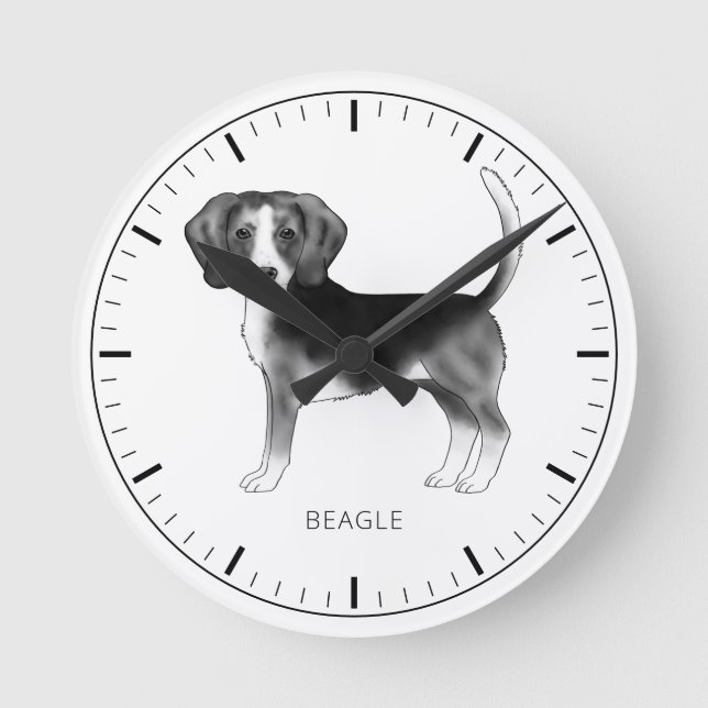 Reloj Redondo Mediano Diseño de perro Beagle en negro y blanco con texto (Anverso)