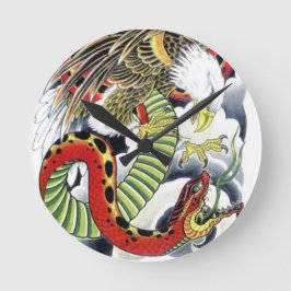 Reloj Redondo Mediano Diseño de tatuajes japoneses con águilas y serpien