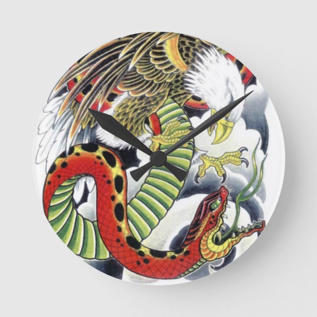 Reloj Redondo Mediano Diseño de tatuajes japoneses con águilas y serpien (Anverso)