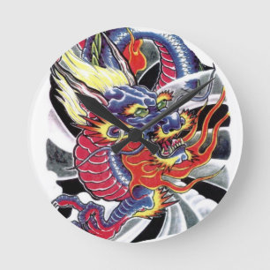 Reloj Redondo Mediano Diseño de tatuajes japoneses del Dragón Azul