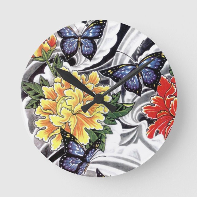 Reloj Redondo Mediano Diseño de tatuajes para peones amarillos y maripos (Anverso)