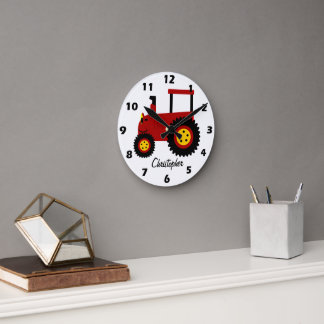 Reloj Redondo Mediano Diseño de Tractor Rojo Personalizado