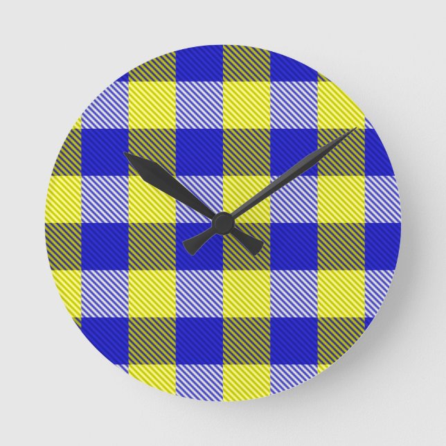Reloj Redondo Mediano Diseño del cheque de Gingham amarillo azul (Anverso)