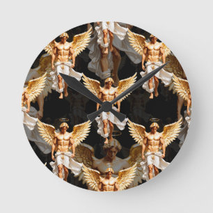 Reloj Redondo Mediano Diseño del patrón de ángeles dorados celestes