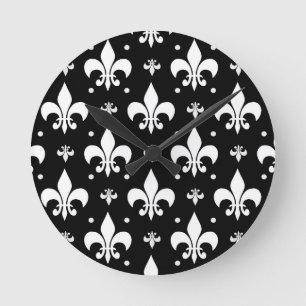 Reloj Redondo Mediano Diseño del patrón de flor negro de lis