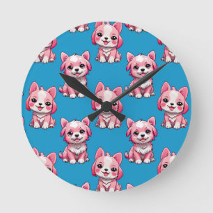 Reloj Redondo Mediano Diseño del patrón de perro de cachorro rosa - azul