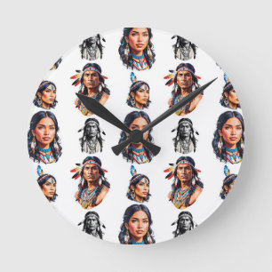 Reloj Redondo Mediano Diseño del patrón de tribu indígena nativo america