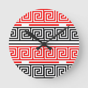 Reloj Redondo Mediano Diseño del patrón rojo blanco negro griego de clav