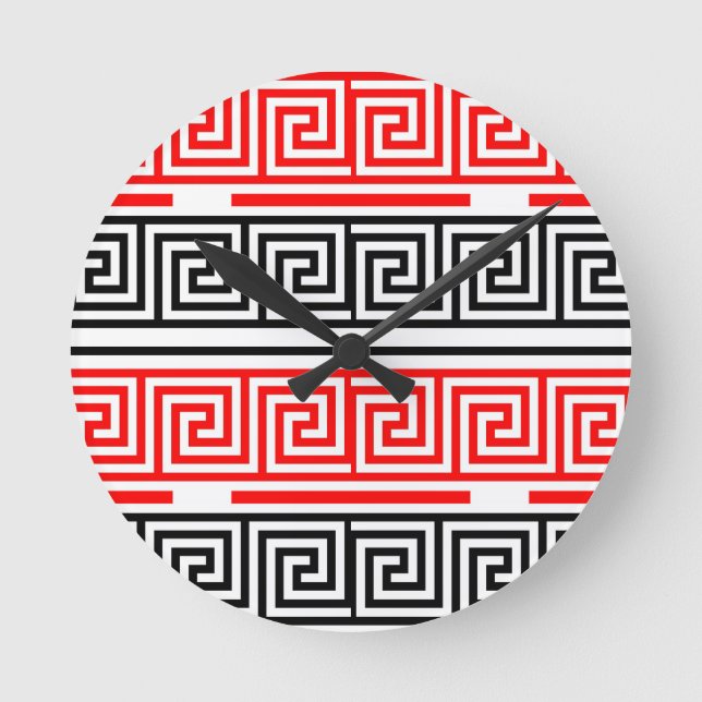 Reloj Redondo Mediano Diseño del patrón rojo blanco negro griego de clav (Anverso)