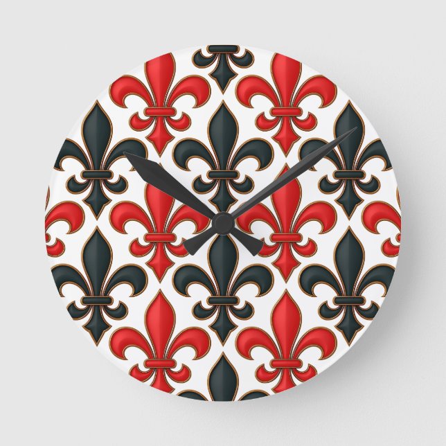 Reloj Redondo Mediano Diseño del patrón rojo negro barroco Fleur-de-lis (Anverso)
