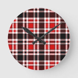 Reloj Redondo Mediano Diseño del patrón Tartán de Flannel Blanco Rojo