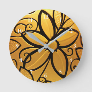 Reloj Redondo Mediano Diseño floral amarillo dorado radiante