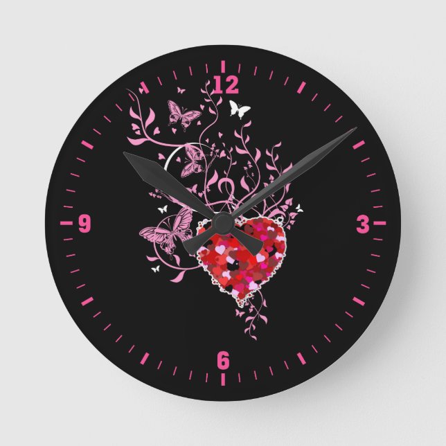 Reloj Redondo Mediano Diseño floral de la mariposa rosada (Anverso)