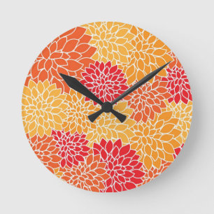 Reloj Redondo Mediano Diseño floral oriental rojo y Naranja