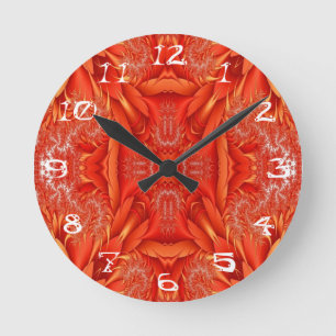 Reloj Redondo Mediano Diseño fractal de plumas delgadas - rojo
