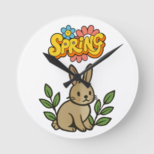 Reloj Redondo Mediano Diseño gráfico retro de conejo de primavera de los