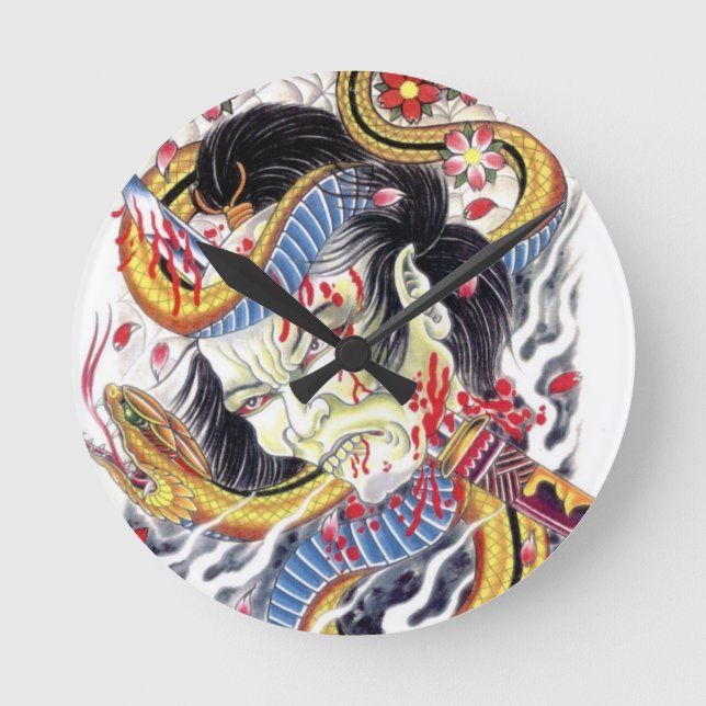 Reloj Redondo Mediano Diseño Grotesco y de tatuaje de serpientes (Anverso)