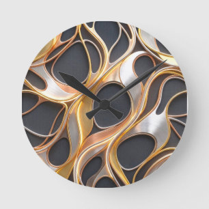 Reloj Redondo Mediano Diseño Metálico Fluido Abstracto coloreado Oro Pla