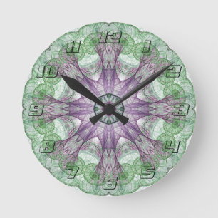 Reloj Redondo Mediano Diseño moderno abstracto fractal púrpura y verde