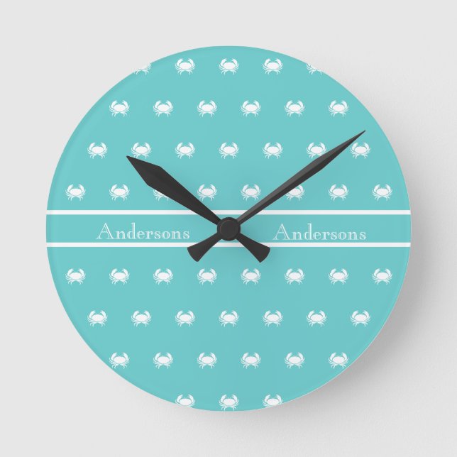 Reloj Redondo Mediano Diseño náutico con cangrejo blanco sobre azul Verd (Anverso)