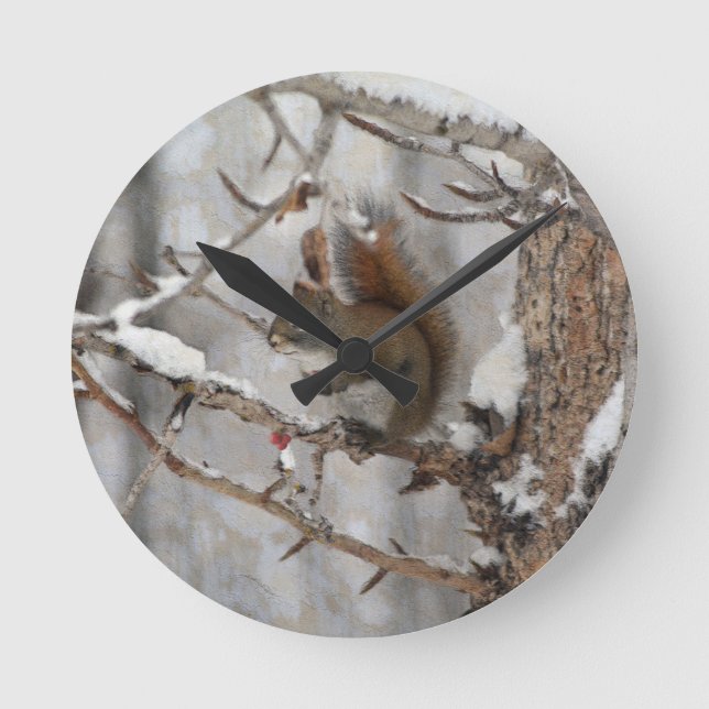 Reloj Redondo Mediano Diseño navideño de ardilla de invierno, nieve y ba (Anverso)
