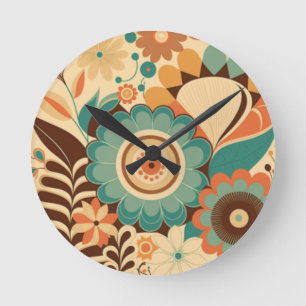 Reloj Redondo Mediano Diseño retro vintage de color marrón floral beizan
