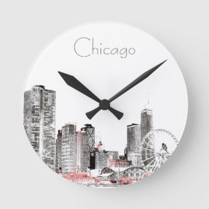 Reloj Redondo Mediano Diseño rosa gris moderno del Skyline de Chicago