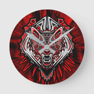 Reloj Redondo Mediano Diseño Totémico Tribal Haida de Lobo