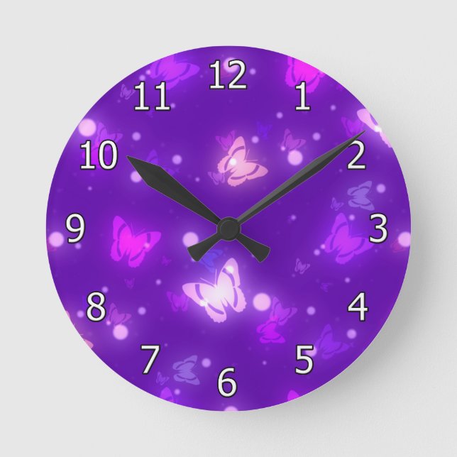 Reloj Redondo Mediano Diseño violeta de mariposas ligeras (Anverso)