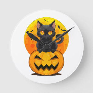 Reloj Redondo Mediano Disfraz de Halloween de calabaza gato negro