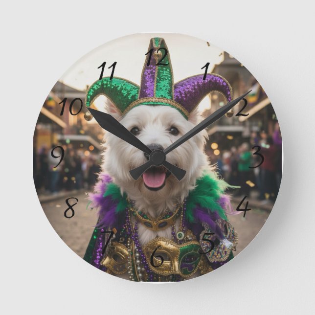 Reloj Redondo Mediano Disfraz de perro bufón de Mardi Gras (Anverso)