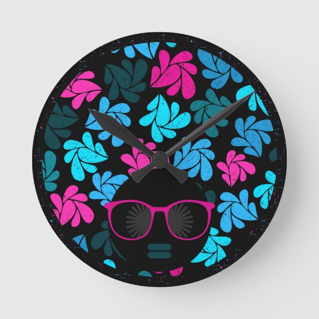 Reloj Redondo Mediano Diva Afro Turquesa y Rosa Caliente (Anverso)